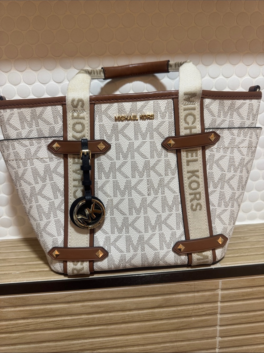 Michael Kors Cream & Brown Signature MK Tote with Logo Charm
